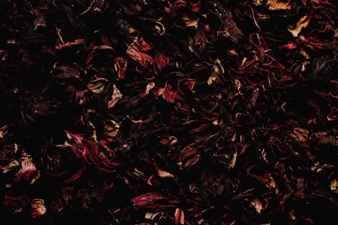 Dried roselle petals in deep crimson